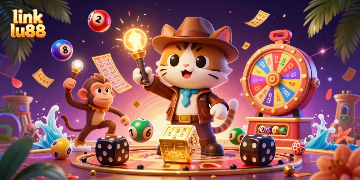 Win big with link lu88 in this colorful 3D casino adventure illustration featuring dynamic elements.