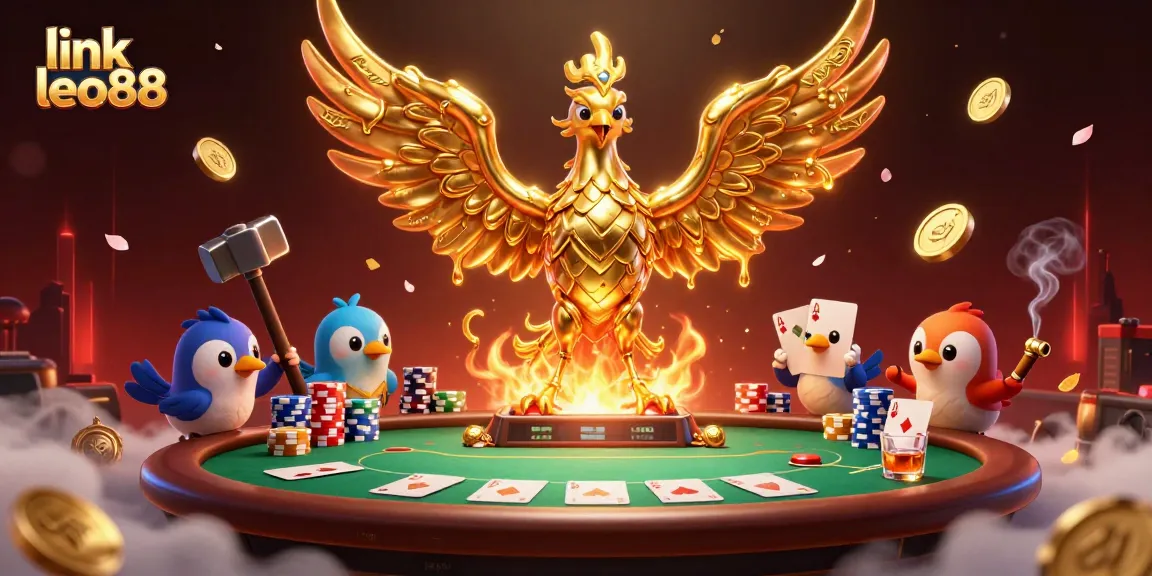Play exciting games at link leo88 with a vibrant scene of a golden phoenix and poker elements.