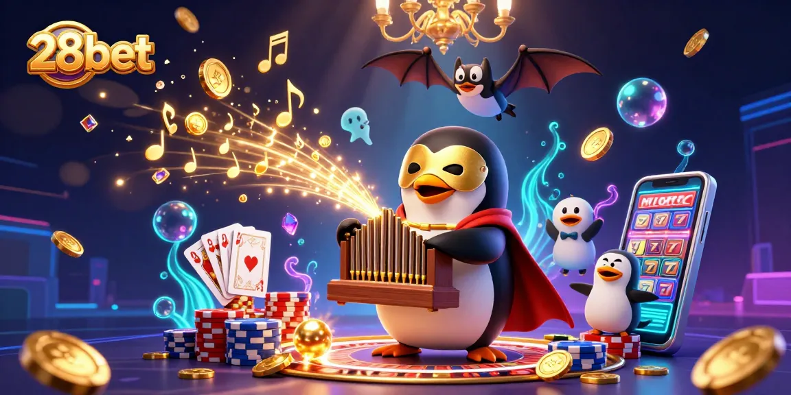 28bet offers a mesmerizing 3D digital scene featuring a cartoon penguin playing an organ shooting coins, embodying vibrant casino action.