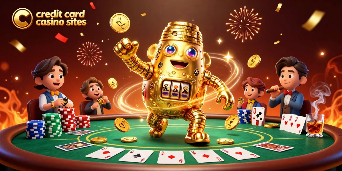Experience the thrill of credit card casino sites with a dynamic 3D illustration depicting a golden golem amidst vibrant poker elements.