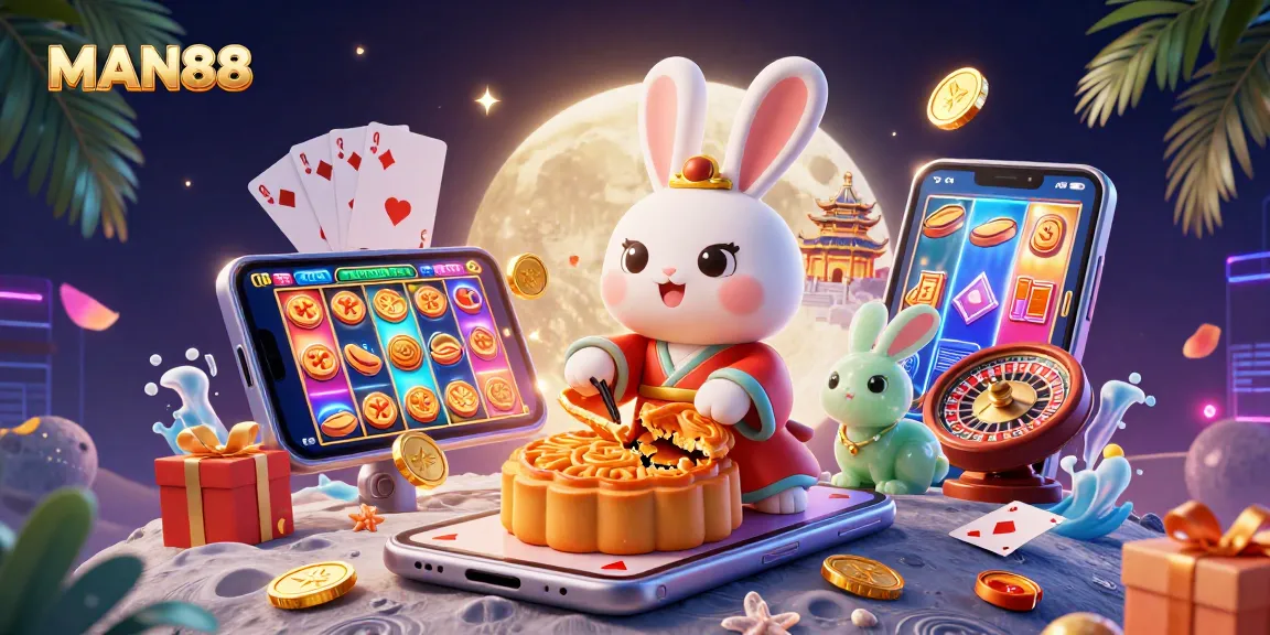 Engage in thrilling gameplay with MAN88's entertaining scene featuring a moon rabbit and vibrant gambling elements.