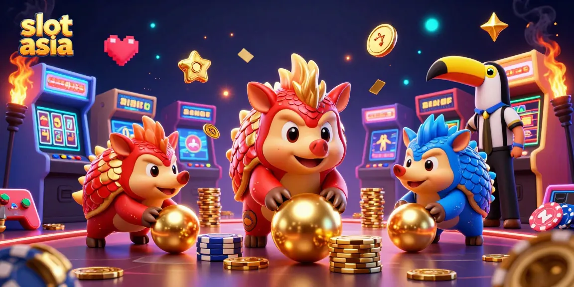 Experience the excitement of slot asia with cartoon pangolins and vibrant casino elements.