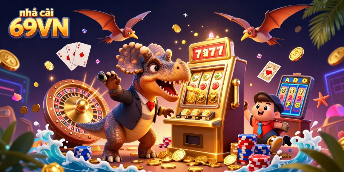 An energetic scene featuring a pachycephalosaurus at nhà cái 69VN celebrating jackpot wins with cascading coins and colorful gaming elements.