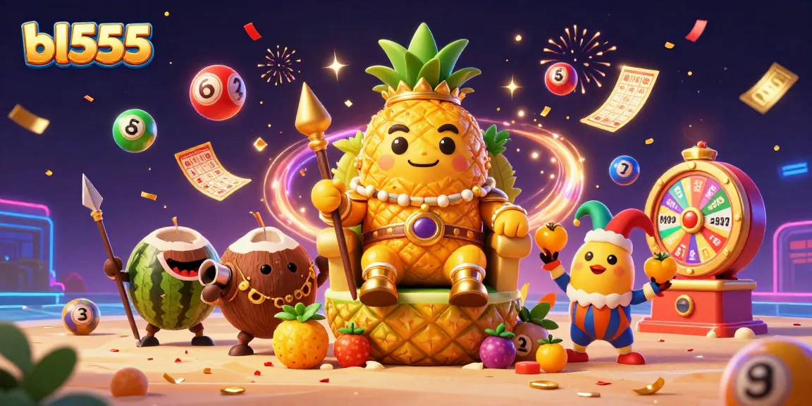 Experience the excitement of bl555 with a vibrant 3D illustration depicting a golden pineapple king in a dynamic beach casino scene.