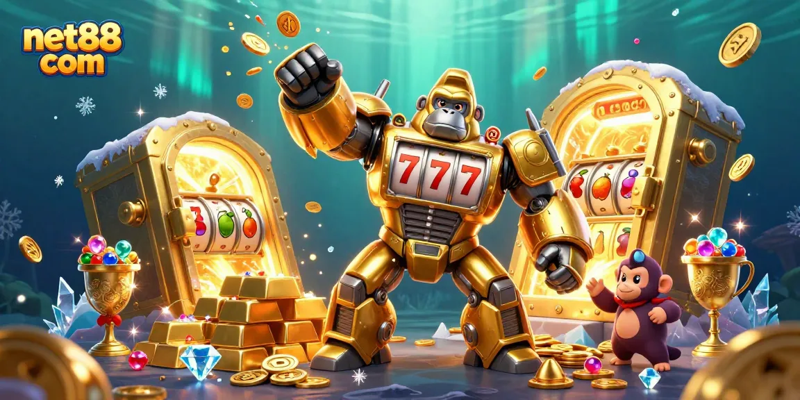 Engage with net88 com at a vibrant casino scene showcasing a golden gorilla mech amidst slot reels and treasures.