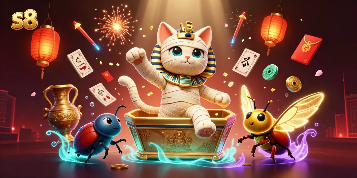 S8 engages players with a dynamic 3D casino scene featuring a mummy cat and vibrant game elements.