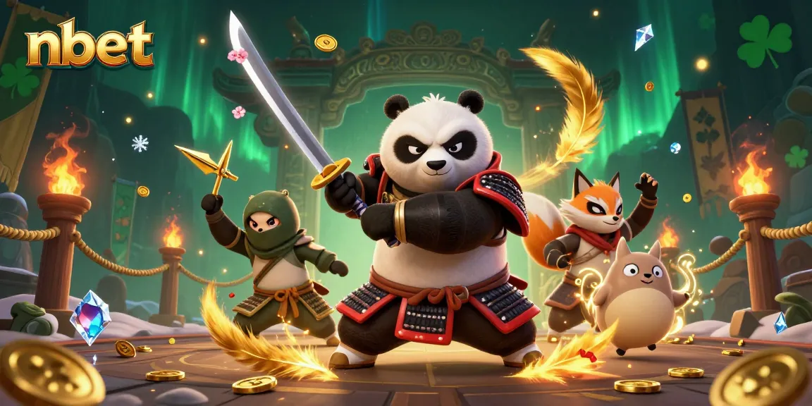 Experience nbet's exciting gaming with a fierce panda samurai and ninja fox amidst golden tokens and dynamic action.