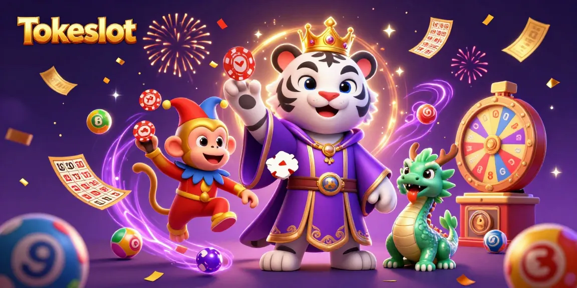 Tokeslot showcases a lively casino scene with vibrant animations and colorful gambling elements.