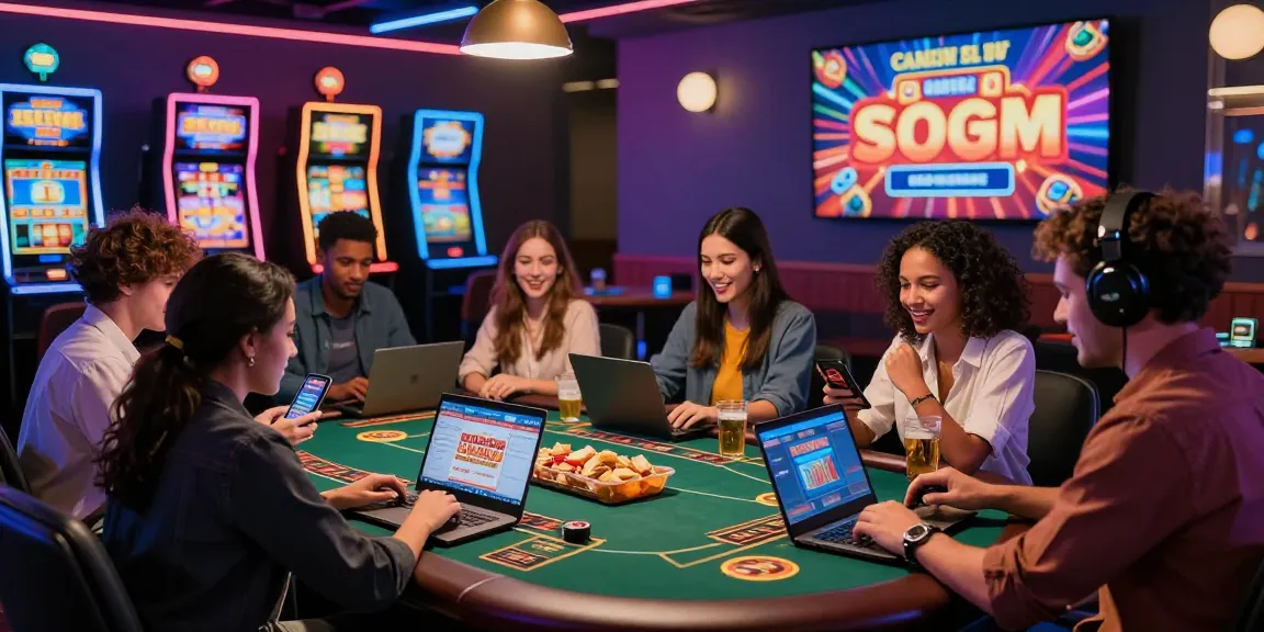 Friends enjoying games at credit card casinos, vibrant casino atmosphere with laptop and mobile devices, engaging gaming experience.