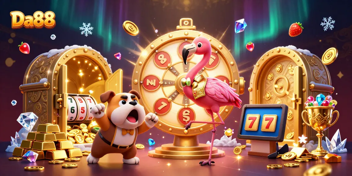 Engaging Da88 game show scene with flamingo host, bulldog contestant, and prize reveals in a vibrant casino ambiance.