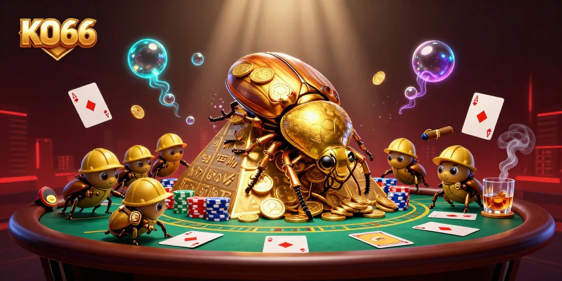 Experience the thrill of KO66 with golden coins, poker, and dramatic casino visuals.