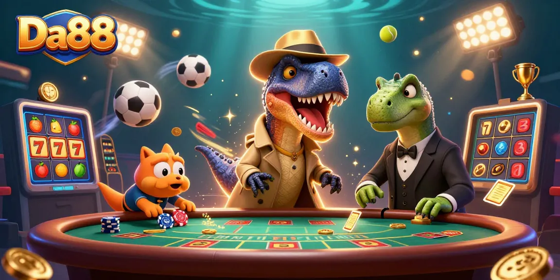 Experience thrilling wins with Da88 at a slots table featuring vibrant lucky symbols and animated characters.