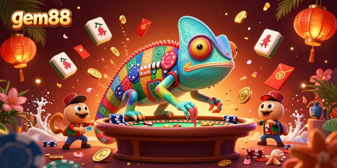 Witness gem88’s vibrant chameleon casino owner capturing golden coins amidst a thrilling gambling scene.