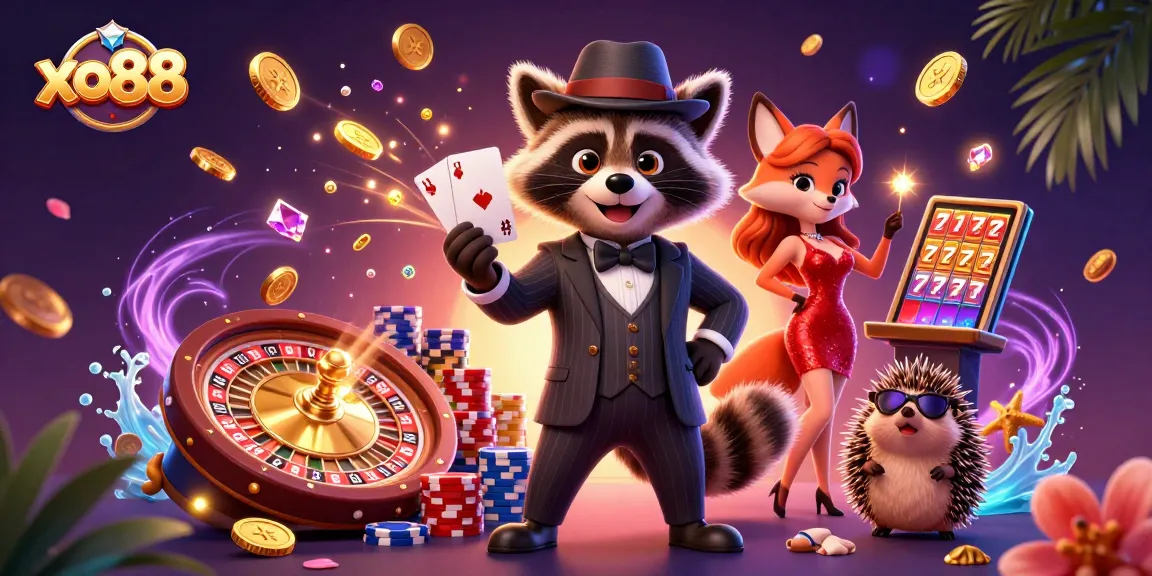 Experience winning thrills at xo88 with a raccoon in a royal flush, vibrant casino scene