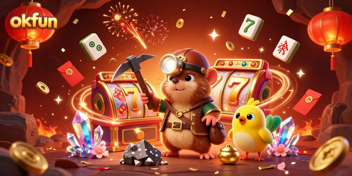 Experience the thrill of casino gaming at okfun with vibrant slot machines, glowing treasures, and captivating atmosphere.