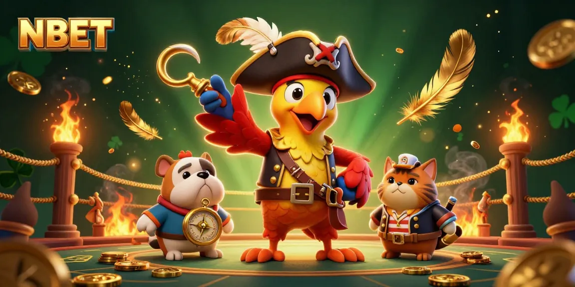 Experience the thrill of NBET's dynamic casino scene with a pirate captain, bulldog, and ship cat.