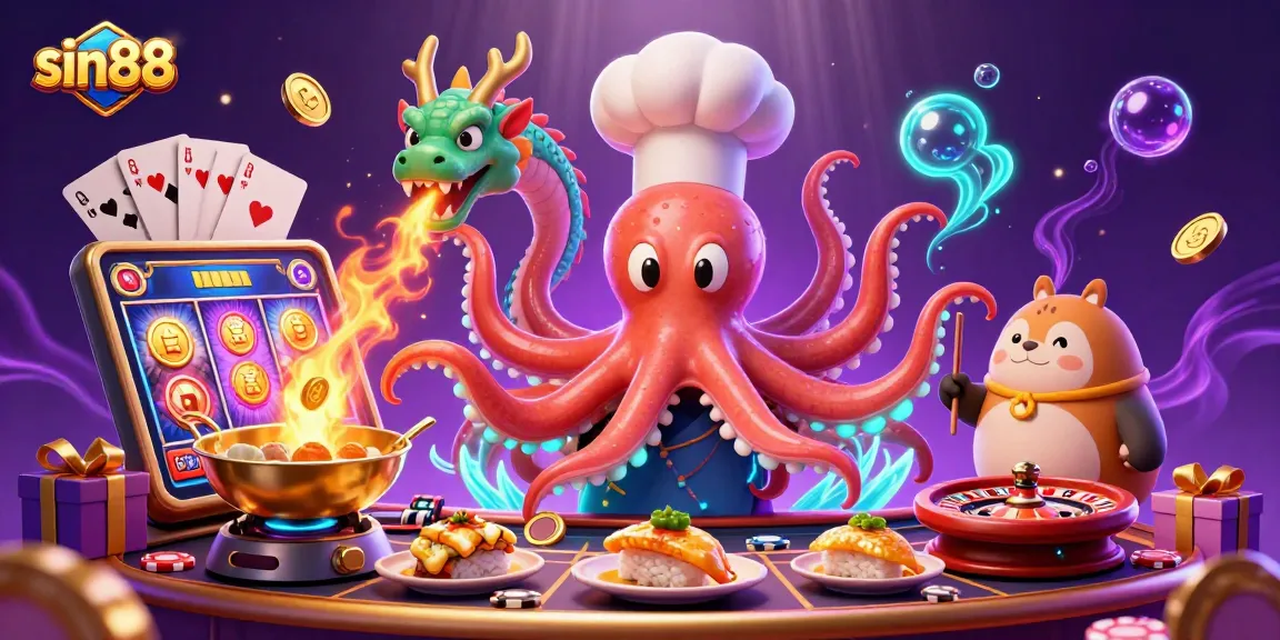 Play slot games with sin88 as a cartoon octopus chef prepares golden dishes.