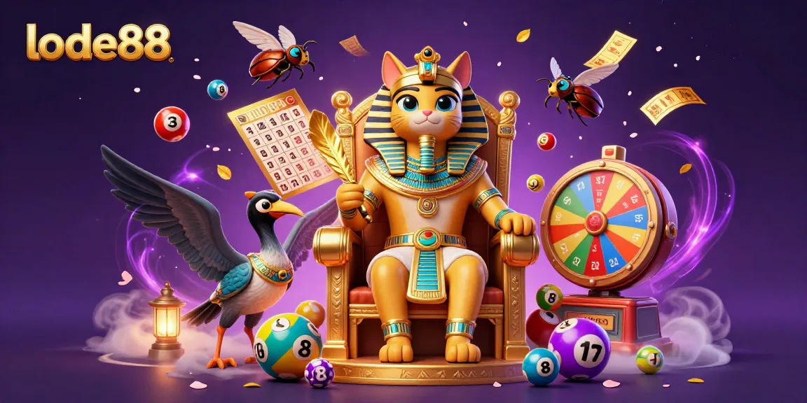 Lode88 pharaoh cat surrounded by vibrant lottery elements, sparking excitement in online gaming.
