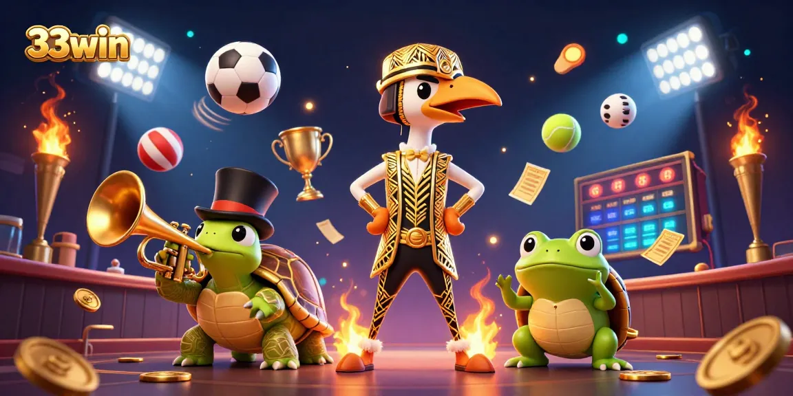 Experience the thrill of sports betting with 33win's vibrant casino illustration featuring lively characters and game elements.