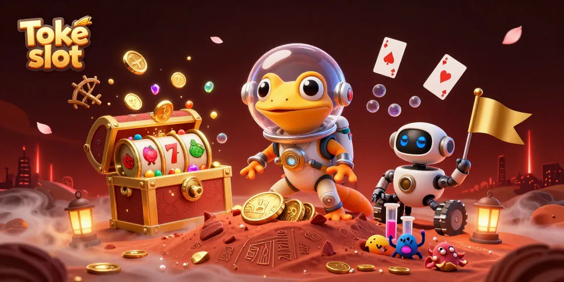 Toke slot showcases a Martian gecko discovering a golden casino amidst vibrant casino symbols and treasures.