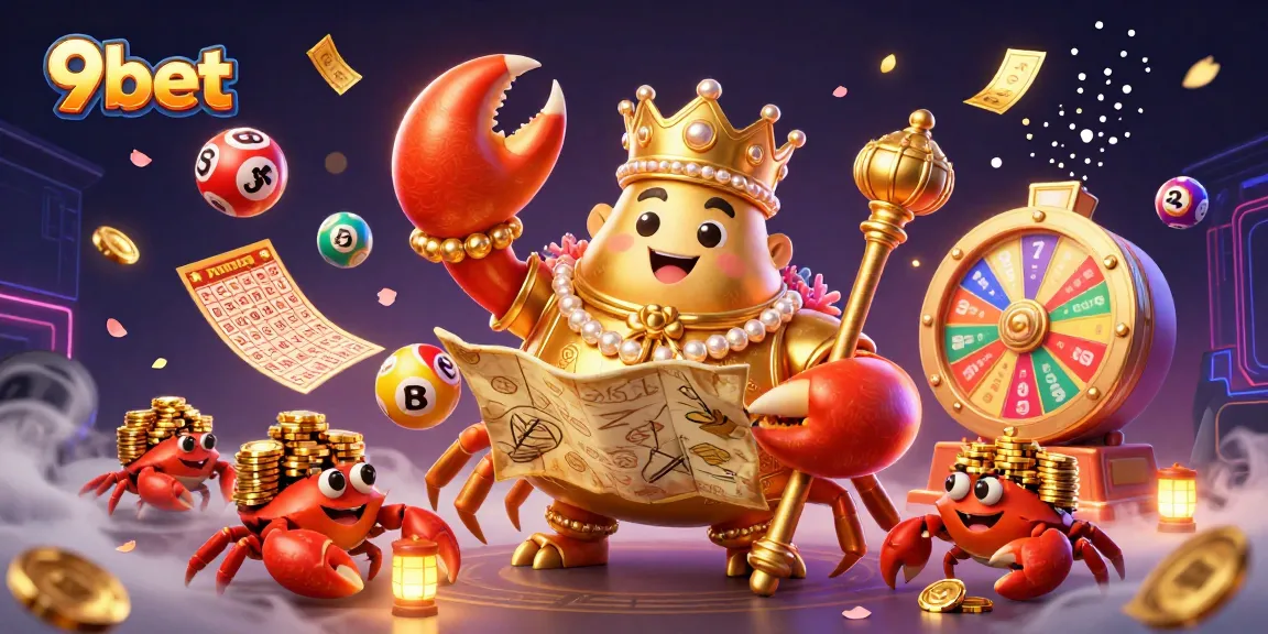 Play exciting games with 9bet as a golden crab emperor presides over a vibrant lottery scene.