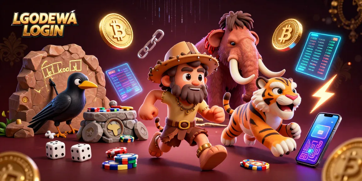 Engage with LGODEWA LOGIN at a dynamic prehistoric casino featuring playful characters and crypto elements.