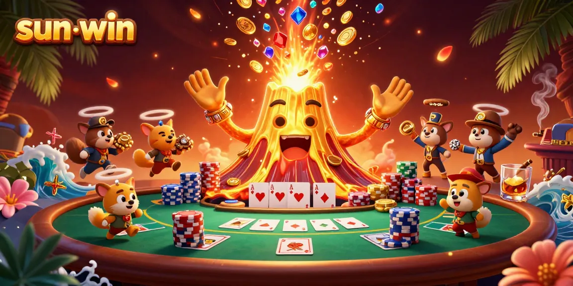 Experience the excitement of sun-win as the golden volcano erupts treasure amidst a vibrant casino scene.