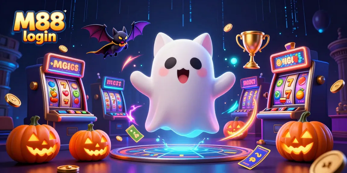 Experience the thrilling M88 login with our friendly ghost cat and vampire bat in a vibrant casino scene.