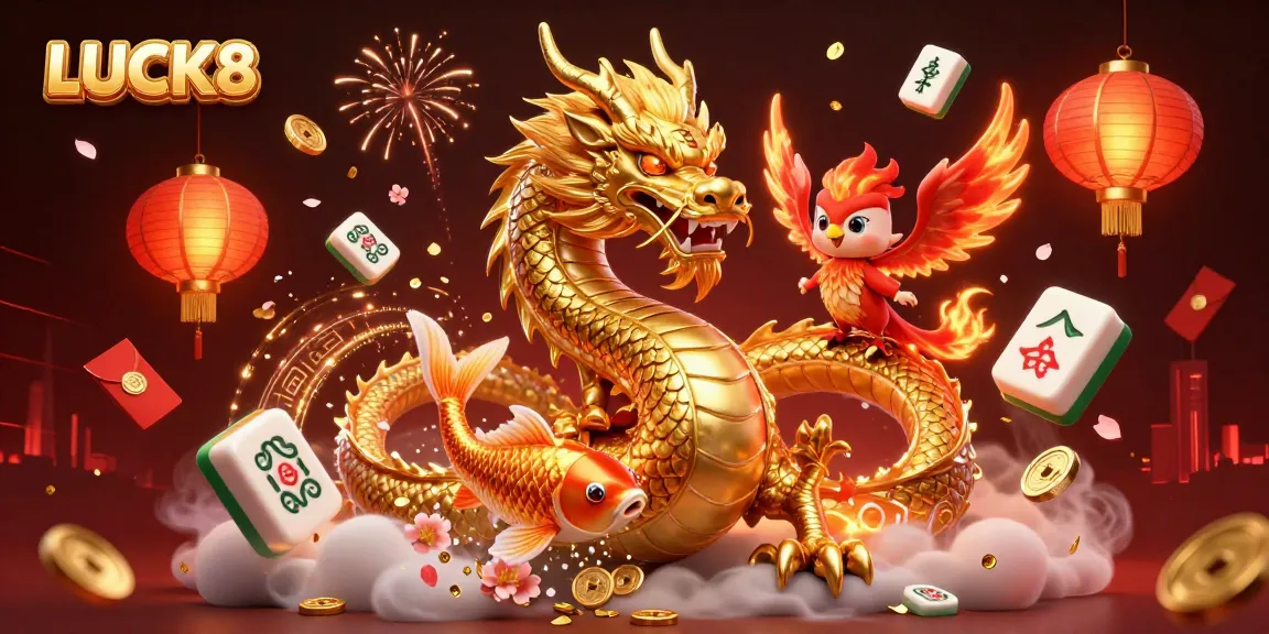 LUCK8 showcases an animated scene with a golden dragon, phoenix, and koi, swimming in coins.