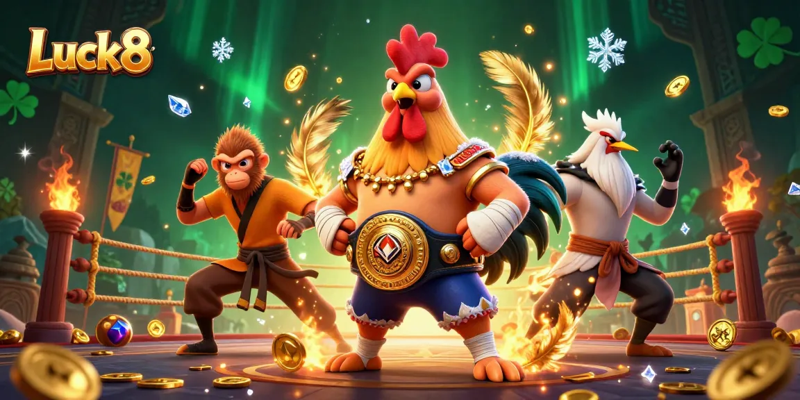 Luck8 promotes a vibrant casino scene with a Muay Thai rooster and Shaolin monkey amidst golden coins and ember particles.