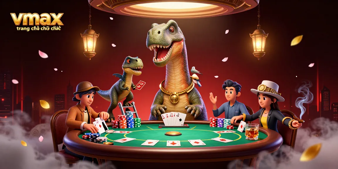 Engage in thrilling casino action at vmax trang chủ chính thức with giant characters in a vibrant scene featuring bustling poker tables.
