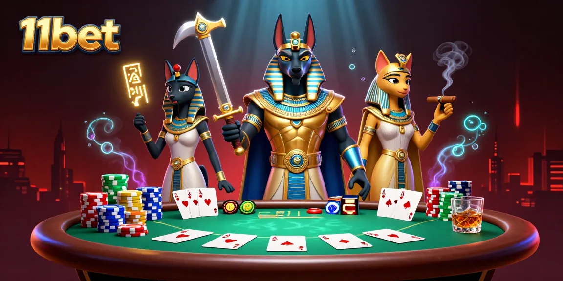 Experience thrilling poker action at 11bet with Egyptian-themed warriors and vibrant casino elements.