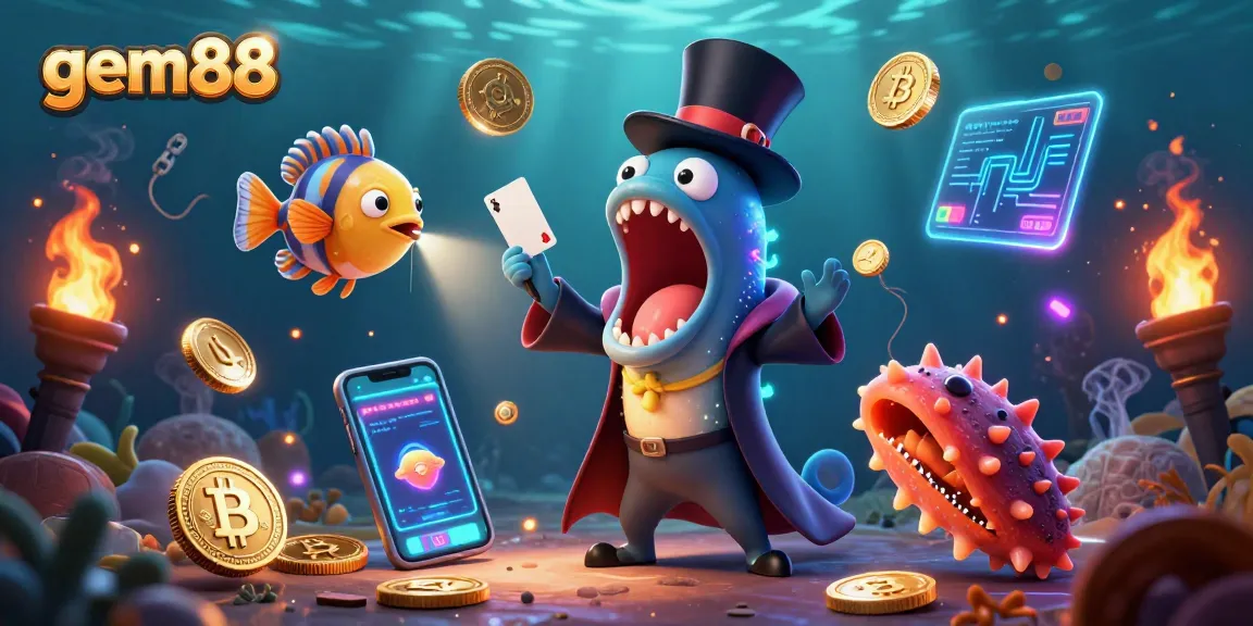 Experience thrilling gaming at gem88 with a bioluminescent eel performing magic tricks in a vibrant underwater scene.