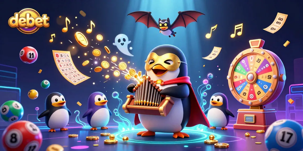 Experience debet excitement with a vibrant scene featuring a cartoon penguin and lottery elements.