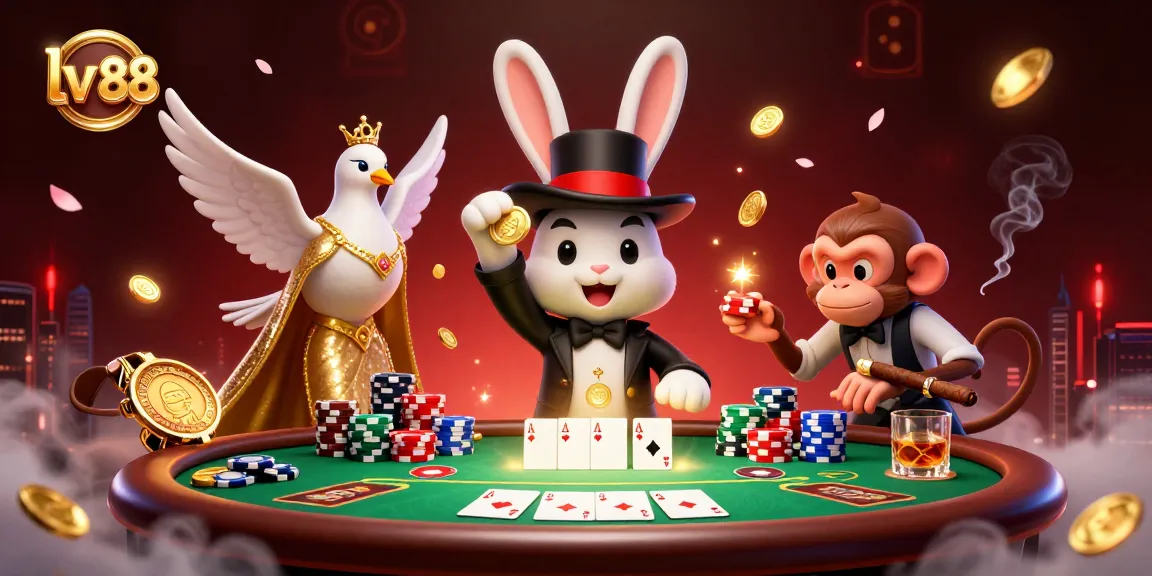 Win big at lv 88 with a lively 3D casino scene featuring a magician rabbit, poker elements, and vibrant casino vibes.