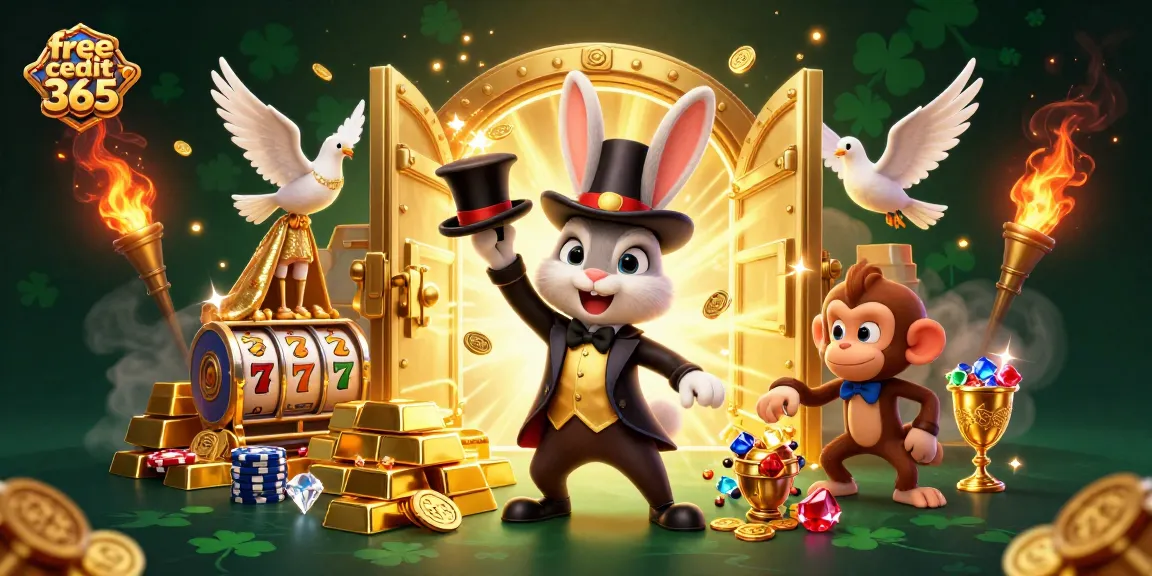 Spin and win with free credit 365 in a vibrant casino illustration featuring a magician and treasures.