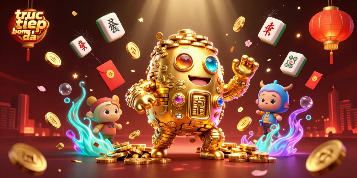 Experience truc tiep bong da with dynamic 3D illustration of golden golem and festive elements.