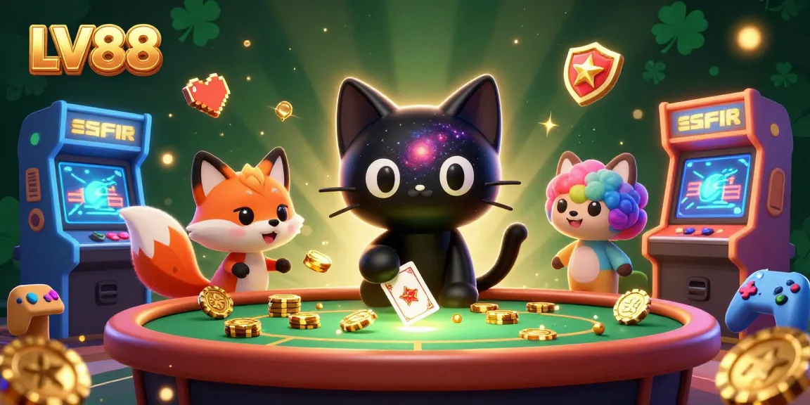 Engage with LV88 in a dynamic cosmic casino scene filled with colorful games and charming characters.