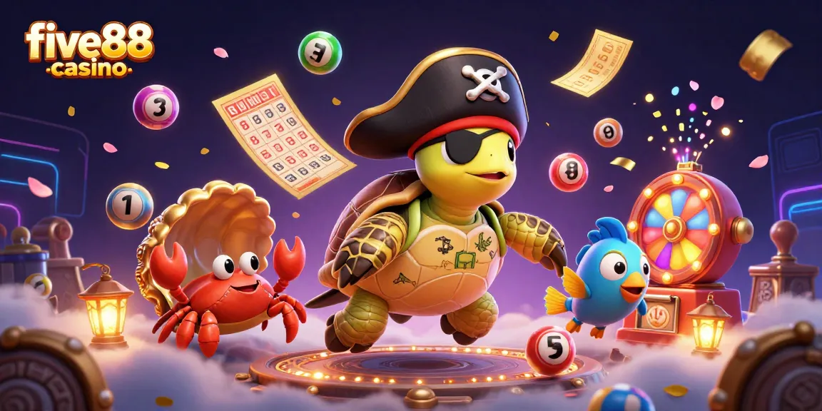 Experience the excitement of five88 casino with a vibrant scene of a pirate turtle and friends amidst dynamic lottery elements.