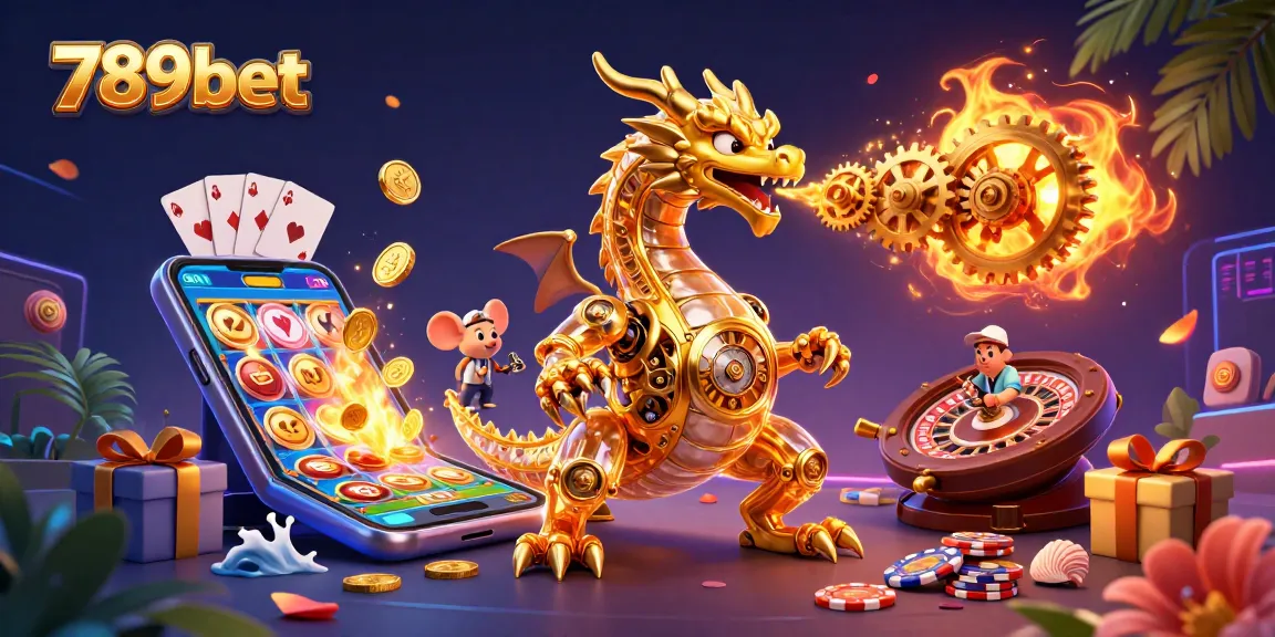 Experience the thrill of gaming with 789bet's golden dragon and dynamic slot visuals in this vibrant casino art.