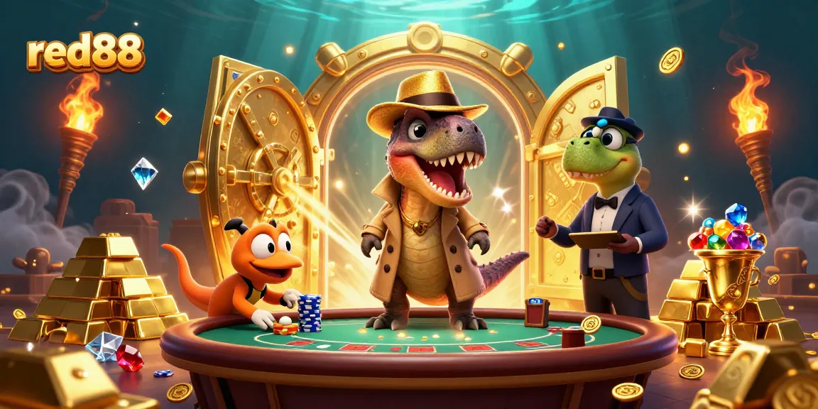 Experience the thrilling action at red88 with a cartoon velociraptor card counter and treasures galore.