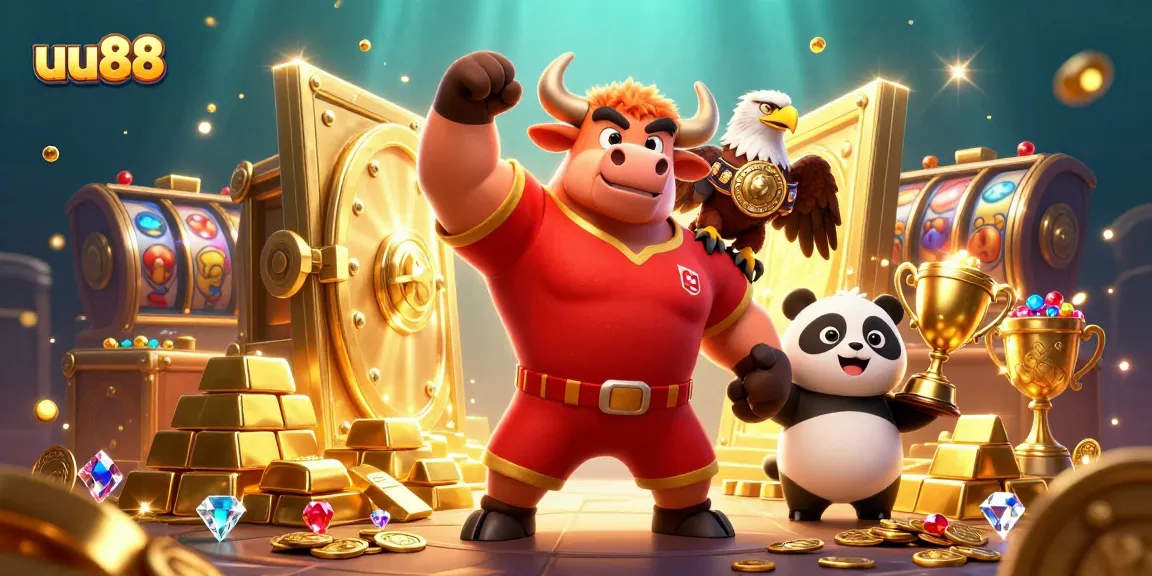 uu88 features a bull mascot and eagle celebrating with treasures in a vibrant casino scene.