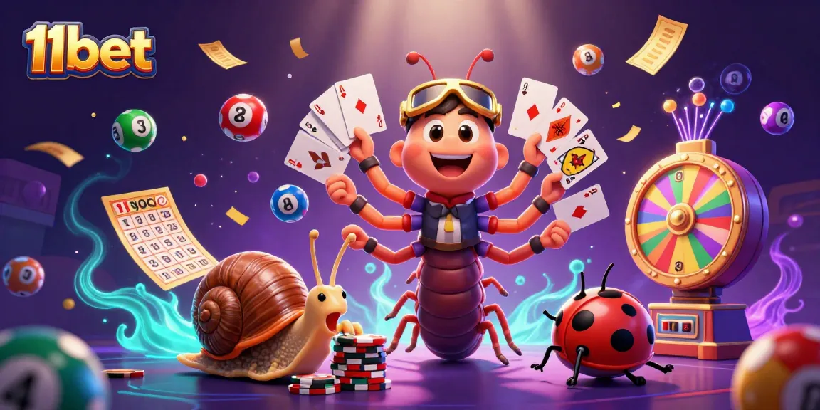 Engage with the vibrant world of 11bet at this lively casino scene with colorful games and characters.