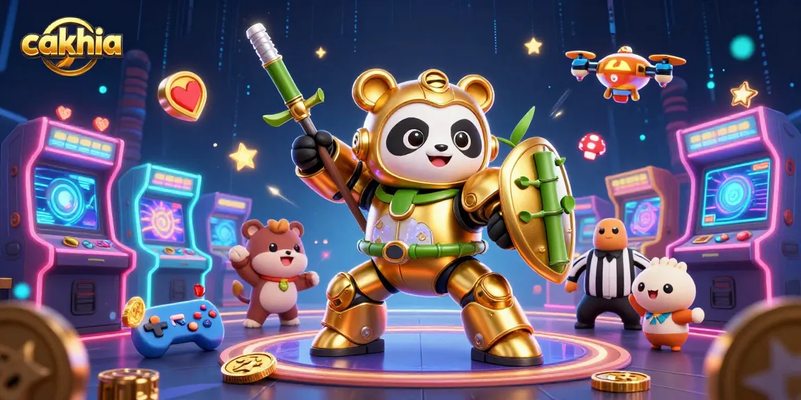 Cakhia live sports betting illustration featuring a mech-suit panda piloting a bamboo robot surrounded by colorful game elements.