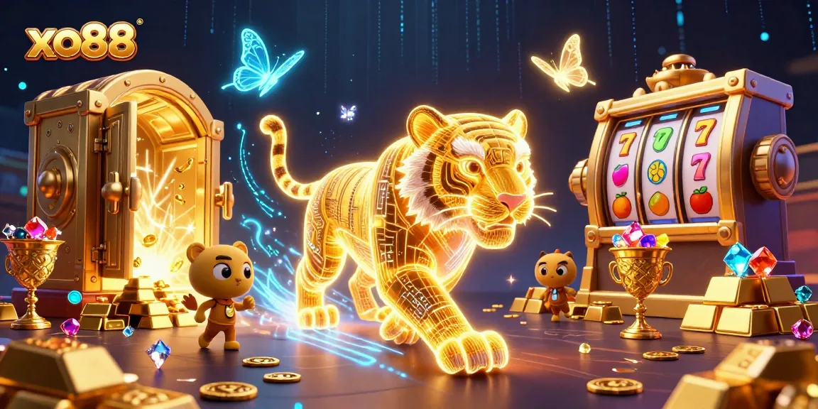 Experience the thrilling world of xo88 with a vibrant casino illustration featuring a golden tiger and enchanted treasures.