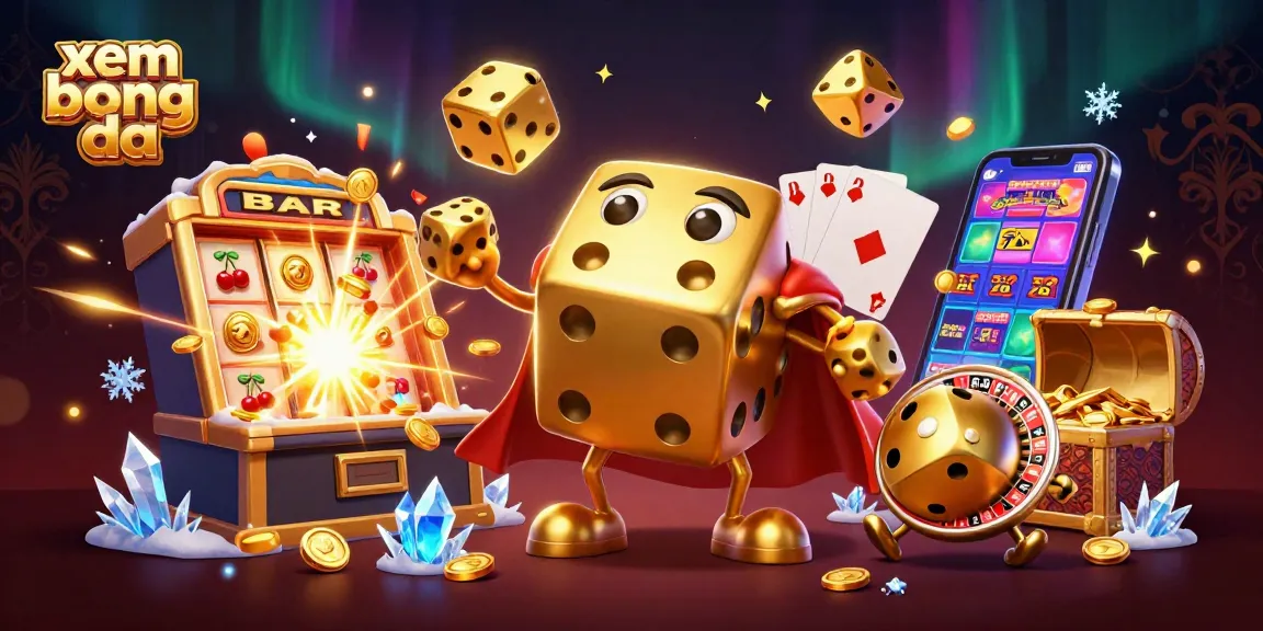Experience the excitement of xem bong da with vibrant 3D illustrations of golden dice and a thrilling slot machine scene.