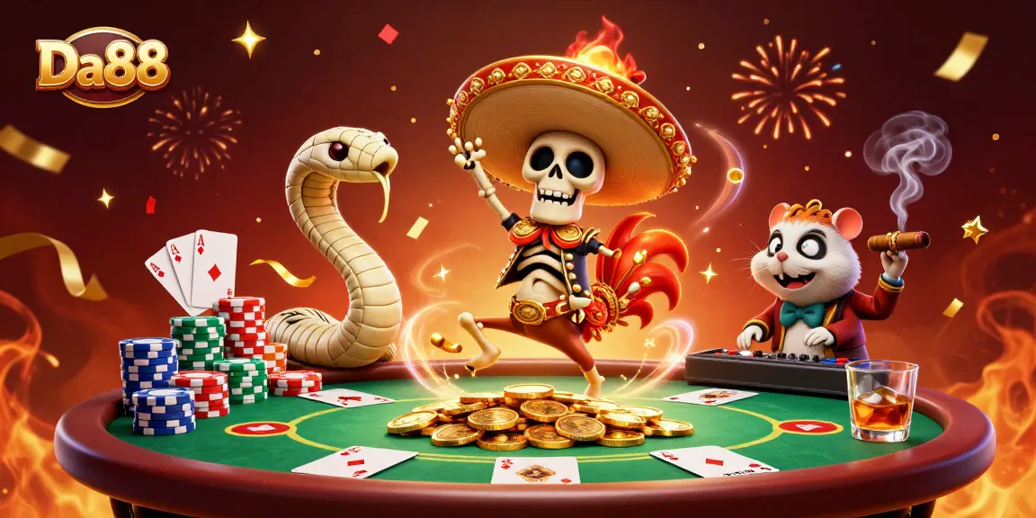 Engage with Da88 as a mariachi rooster and friends celebrate with poker and winnings.
