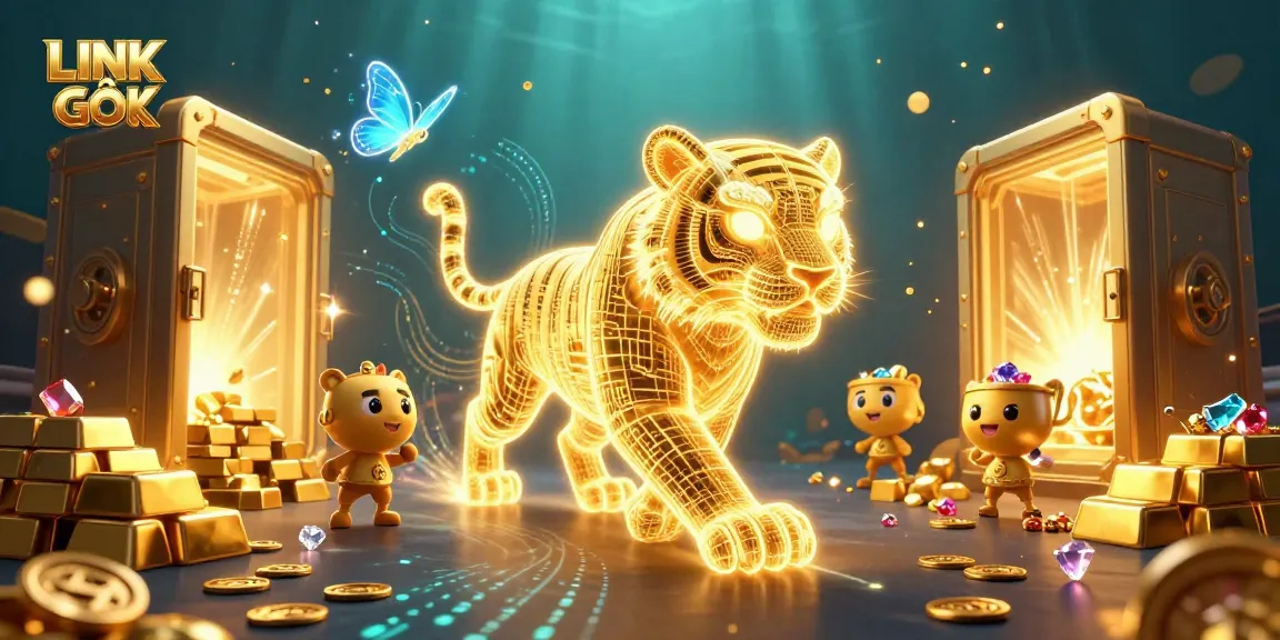 Experience LINK GỐC in a vibrant digital casino with a golden tiger and shimmering treasures.