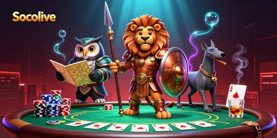 Socolive brings you a dynamic poker scene featuring a lion hero, owl strategist, and greyhound messenger.