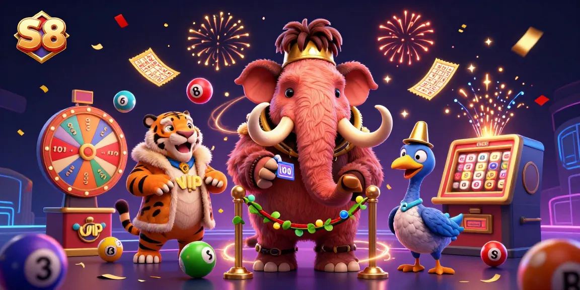 Experience a thrilling casino atmosphere with S 8 featuring a mammoth bouncer, saber-tooth VIP, and vibrant lottery elements.